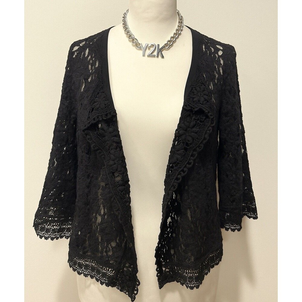 Y2K BLACK CROCHET OPEN FRONT Blazer 3/4 SLEEVES Whimsigoth Grunge Goth Sz L